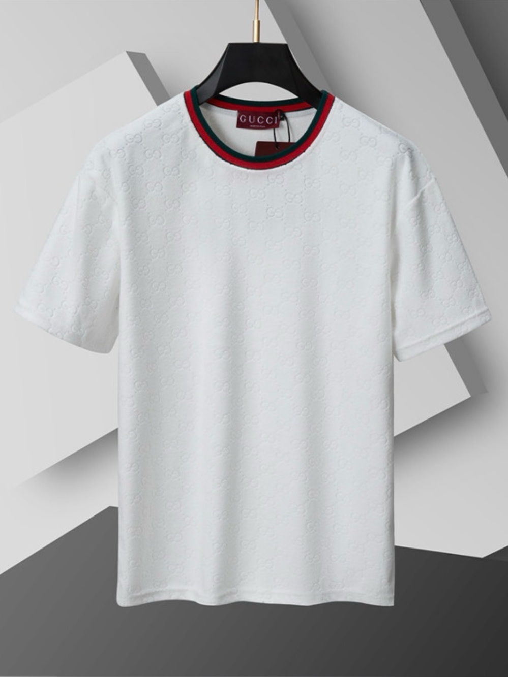 Gucci White Crewneck Tee with Red & Green Stripe Collar